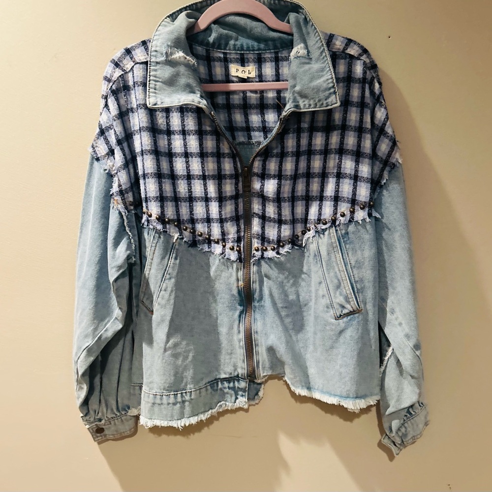 New POL ombré denim jacket with plaid accents